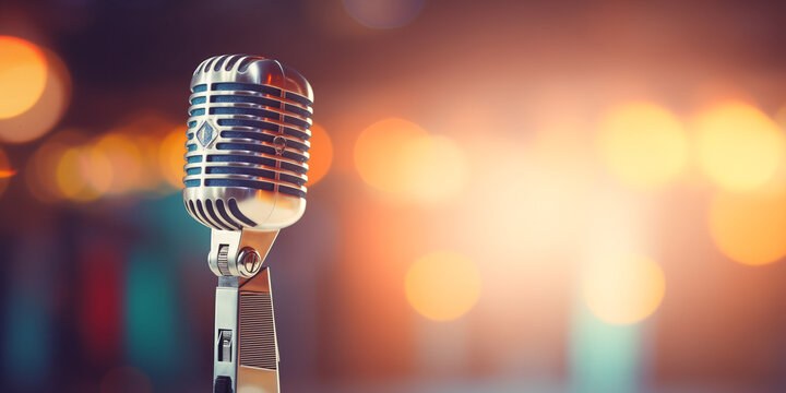 Concept bannner card for party, event with mic karaoke. Stylish old retro microphone on colored background with bokeh