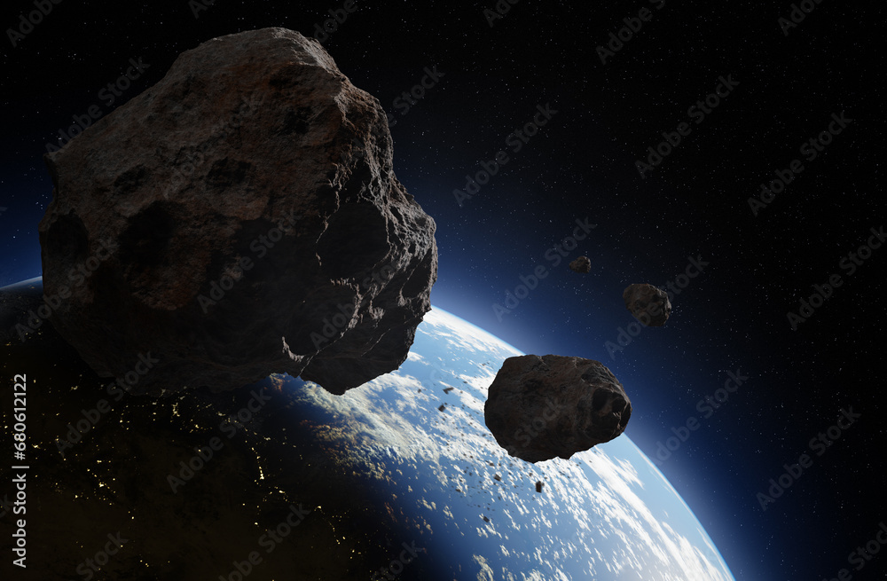 Sticker blue earth and asteroids in the space. view of planet earth from space. elements of this image furni