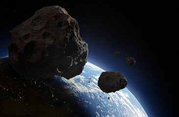 Blue Earth and asteroids in the space. View of planet Earth from space. Elements of this image furnished by NASA, 3d animation - 680612122