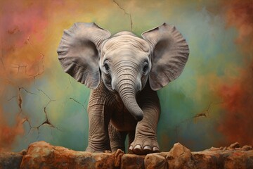A curious baby elephant, with its trunk raised, exploring the studio environment, set against a vibrant solid backdrop.