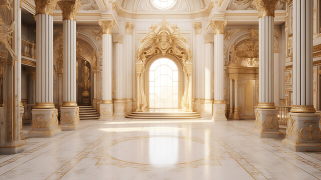 Light luxury royal posh interior in baroque style. White hall with expensive oldstyle furniture.