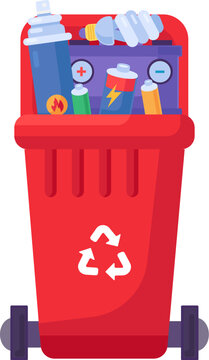 Open lid fulled container for storing, recycling and sorting used household hazardous waste. Red transportable trash bin for combustible and flammable items. Cartoon isolated vector