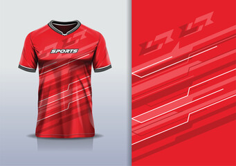 T-shirt mockup with abstract stripe line sport jersey design for football, soccer, racing, esports, running, in red color © Nimpuna O