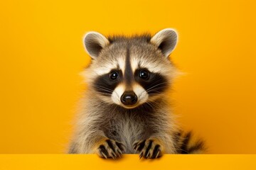 A curious baby raccoon, with its mask-like facial markings and nimble paws, photographed in a studio, isolated on a vibrant solid color background, exuding a sense of mischief and curiosity.