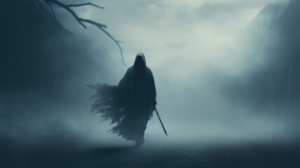 A solitary figure in a hooded cloak, presumably the Grim Reaper, walks in a fog-shrouded landscape.