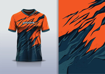T-shirt mockup with abstract grunge sport jersey design for football, soccer, racing, esports, running, in orange color - obrazy, fototapety, plakaty