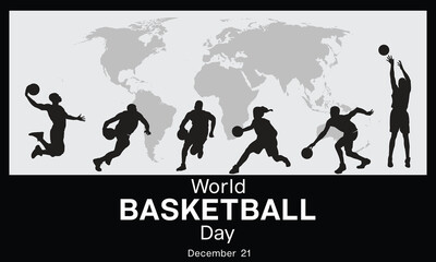 World Basketball Day design concept with silhouette of basketball player on a world map. Vector illustration