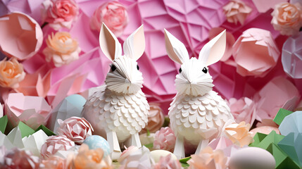 Voluminous paper bunnies on spring pink background. Easter DIY decor made from eco-friendly and recyclable materials