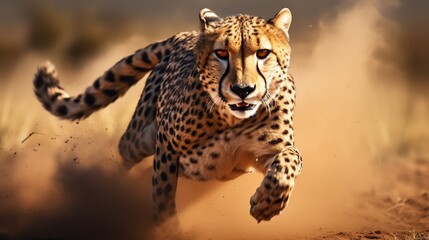 Graceful cheetah sprinting across the grasslands, dust trailing behind, capturing the essence of speed and power.