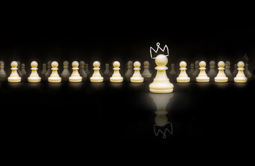 Brain and ideas can make different concept, Chess pawn with crown become a king and standing out...
