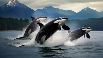 Powerful orcas leaping out of the ocean depths, their massive bodies gliding gracefully through the air before plunging back into the sea.