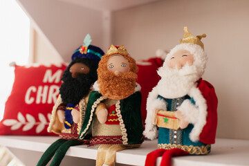 three kings day soft toys decoration. Christmas holiday season home decor. EpiphanyThe Three Wise Men celebration on January six in Spain.