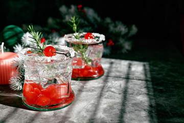 Christmas cranberry cocktail. Delicious icy alcoholic drink with berries and ice. Festive mocktail...