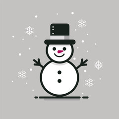 Happy cute snowman with a smiling face. Black and white vector illustration in flat style. Design element for Christmas and Happy New Year greeting card, postcard, labels, tags, cover.