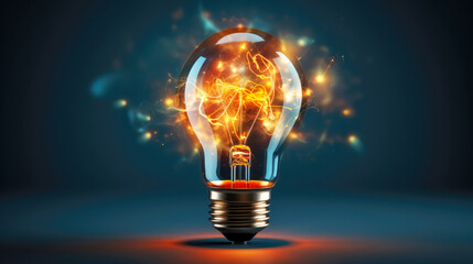 Glowing light bulb on blue background, 3d rendering. Computer digital drawing. 