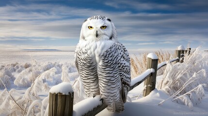 Pristine snowy owl perched on a snow-covered fence post, its white feathers blending with the...