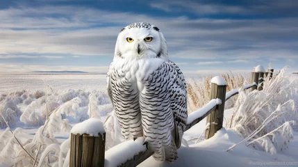 Foto op Aluminium Pristine snowy owl perched on a snow-covered fence post, its white feathers blending with the winter landscape as it surveys its hunting grounds. © Animals