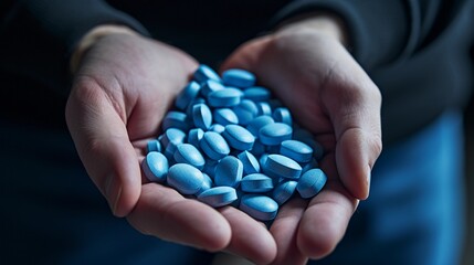 Man holding blue pills in his hands, improving potency, erection problems - obrazy, fototapety, plakaty