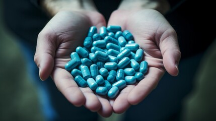 Man holding blue pills in his hands, improving potency, erection problems - obrazy, fototapety, plakaty