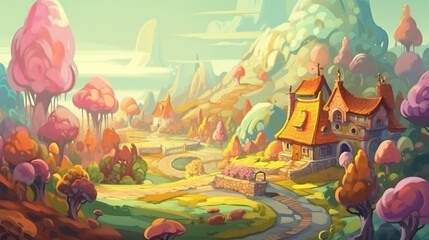 Sweet, candy-colored village. AI Generated