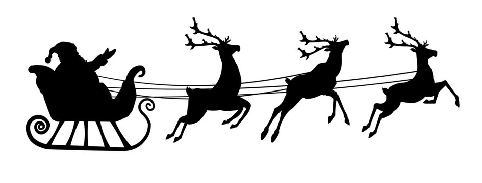silhouette of Santa's sleigh pulled by reindeers - vector illustration