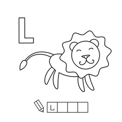 Cartoon lion coloring pages. Learning game for small children - write a word in English language. Vector alphabet for kids