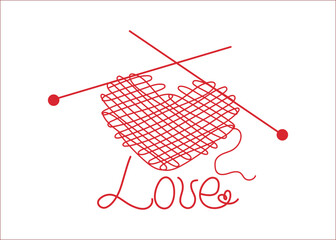 Skein of wool, Ball of thread in the shape of heart, knitting needles. Knitting, drawn icons in line art style. Hobbies, handicrafts. Love, Valentine's Day. Vector illustration. Logo.