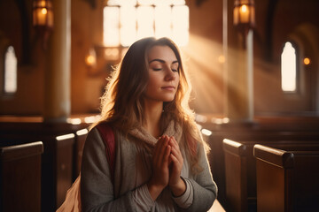 Young woman pray in church Christian life crisis prayer to god. Hands praying to god with bible on sunlight glare - obrazy, fototapety, plakaty