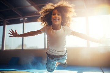 Happy little child enjoys jumping on trampoline in sport jump park, sunlight - obrazy, fototapety, plakaty
