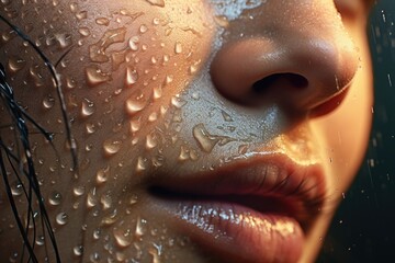 A close-up shot of a woman's face with water droplets. Perfect for skincare, beauty, and wellness concepts