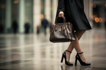 Stylish woman with handbag walking at city street. Close up shot of female legs wearing shoes with high heels. Fashion woman concept
