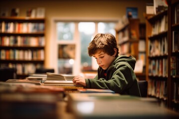 a young boy plays with books at a library,