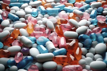 A pile of pills and capsules stacked on top of each other. This image can be used to illustrate medication, healthcare, pharmaceuticals, addiction, or overdose - Powered by Adobe