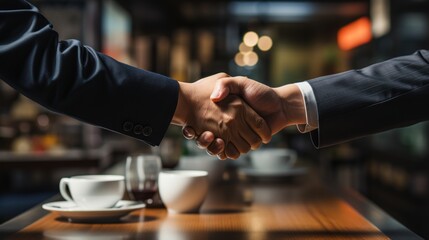 A handshake between people, a strong symbol representing formal friendship or harmony between borders, nations, states or even continents. Reunification to overcome the crisis. Teamwork concept. - obrazy, fototapety, plakaty