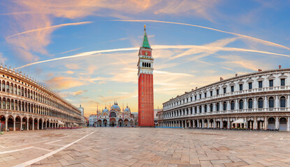Most famous medieval square of Venice, exclusive sunset panorama, Italy