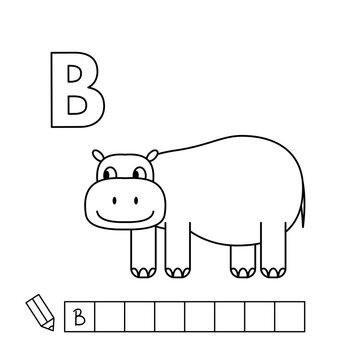Cartoon behemoth coloring pages. Learning game for small children - write a word in English language. Vector alphabet for kids