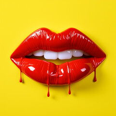 Red dripping lips on yellow background - obrazy, fototapety, plakaty