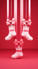 Three pink bows on stockings on a red background