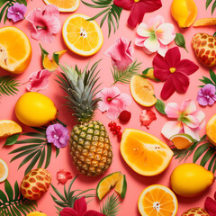 An Hawaiian pattern with fruits and pineapple on a pink background