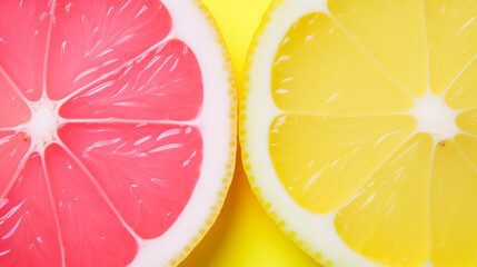 Two lemons with different color slices on a yellow background