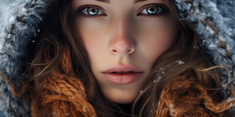 Close-up of woman in hooded coat, intense gaze, and detailed facial features.