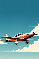 Airplane flying over the clouds, retro illustration. Generative AI