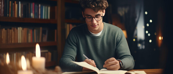 Young man in glasses deeply engrossed in a book, in a library. - obrazy, fototapety, plakaty