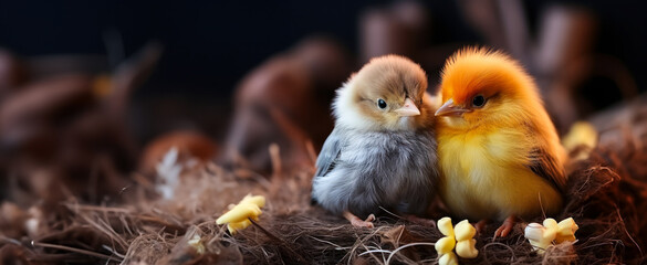 Banner for website or screensaver for Easter with cute little chicks, copy space