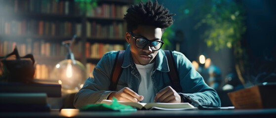 Obraz premium Tranquil library atmosphere, young readers absorbed in books.