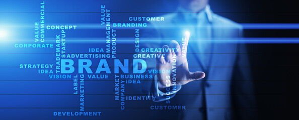 Brand words cloud on virtual screen. Branding, Marketing and Advertising concept.