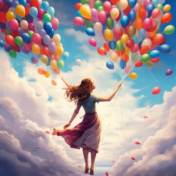 Drawn girl with balloons against the sky