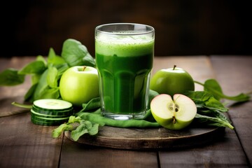 Green smoothie with fresh apples and spinach on wooden background. Healthy food and lifestyle.