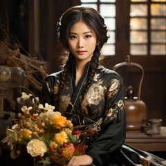 Asian young girl with hairstyle with a bouquet of flowers sits in her home. The girl is dressed in a national costume