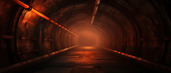 Eerie ambiance in a dimly lit tunnel, featuring intricate pipes.